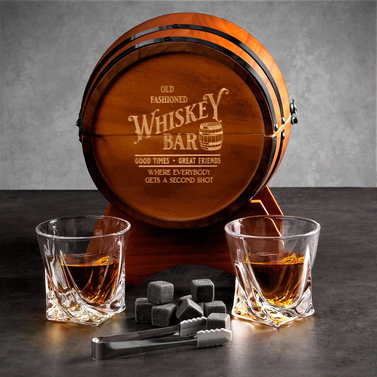 Wellington Whiskey Barrel Bar Set with 2 Whiskey Glasses