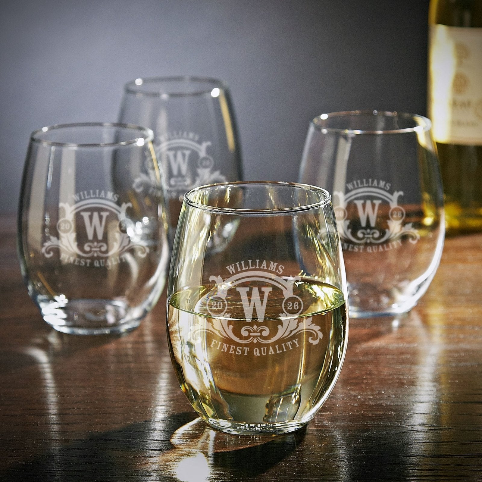 Westbrook Monogram Etched Stemless Wine Glasses, Set of 4