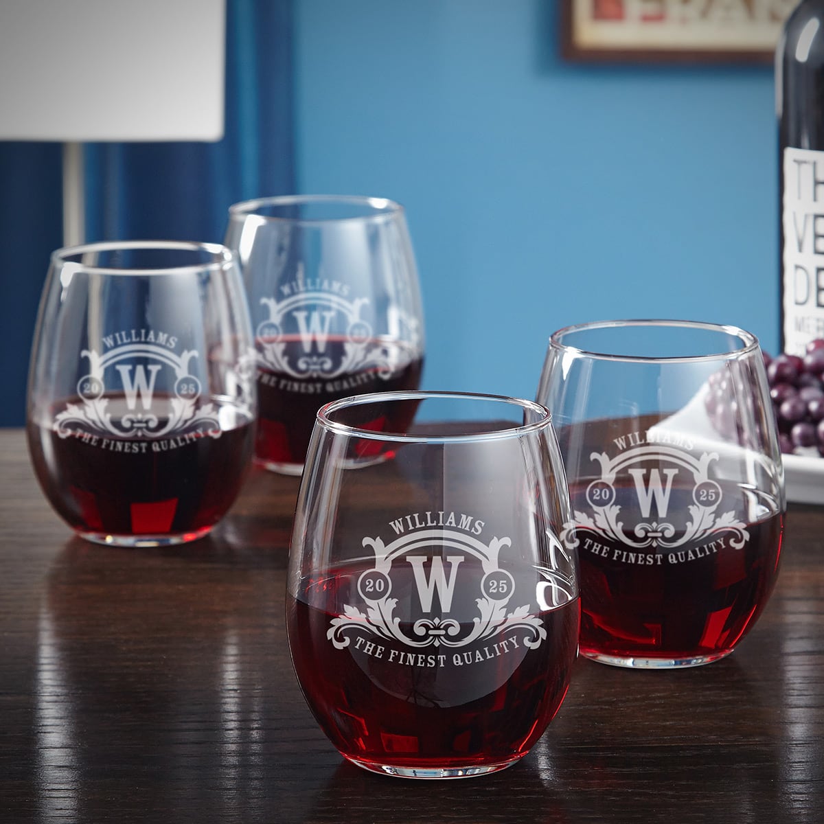 Westbrook Monogram Etched Stemless Wine Glasses, Set of 4