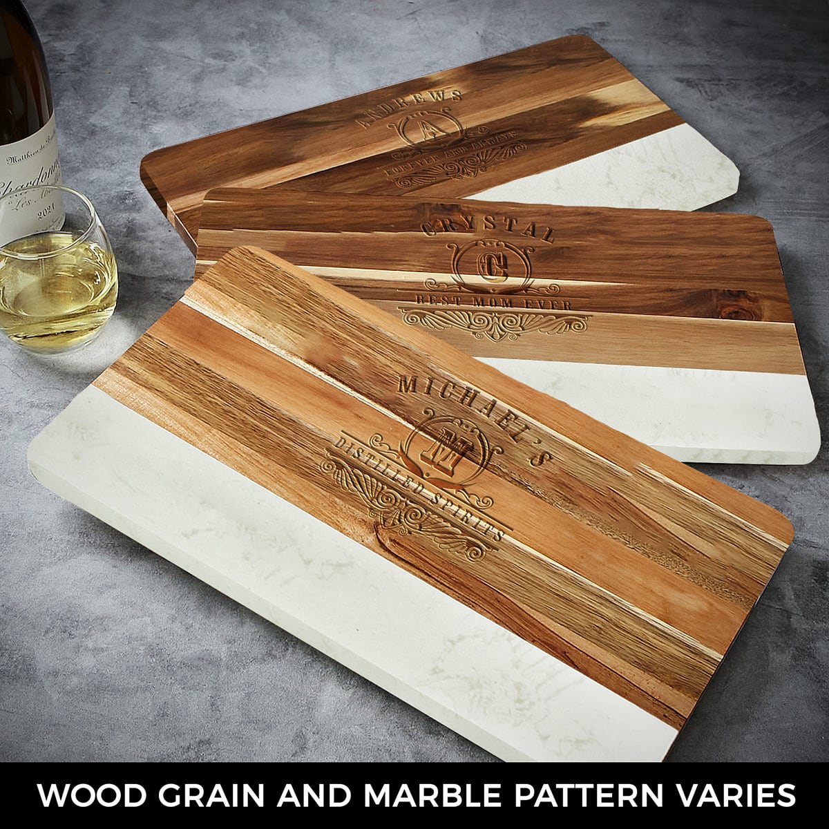 Trieste Custom Wood Charcuterie Board with White Marble Accents, 16 x 9 x 1 inch 
