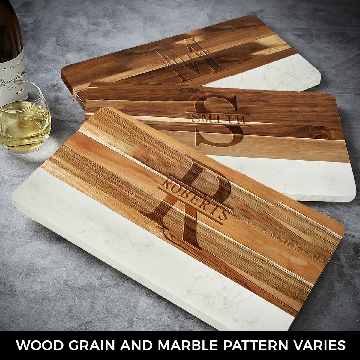 Trieste Personalized Marble Cutting Board - White Marble and Acacia Wood Cheese Board 16 x 9 x 1 inch