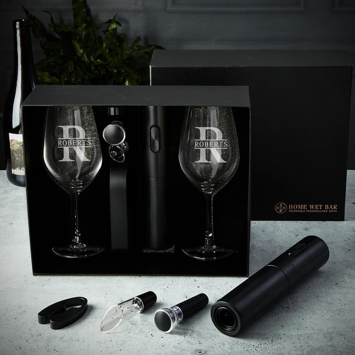 Custom Wine Glass Set - 6pc Boxed Wine Gift Set with Electric Opener 