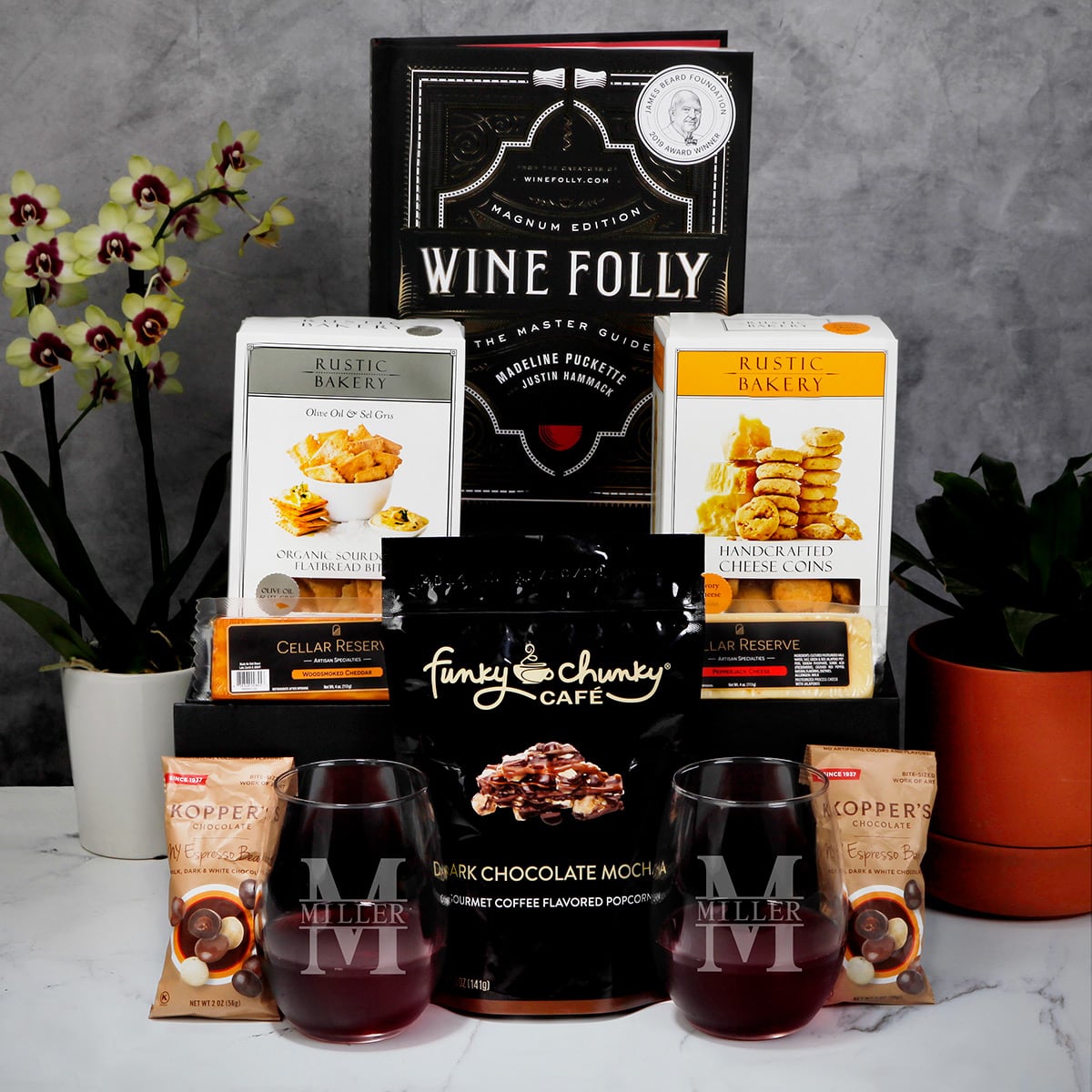 Perfect Pair Wine Gift Basket with Personalized Stemless Wine Glasses