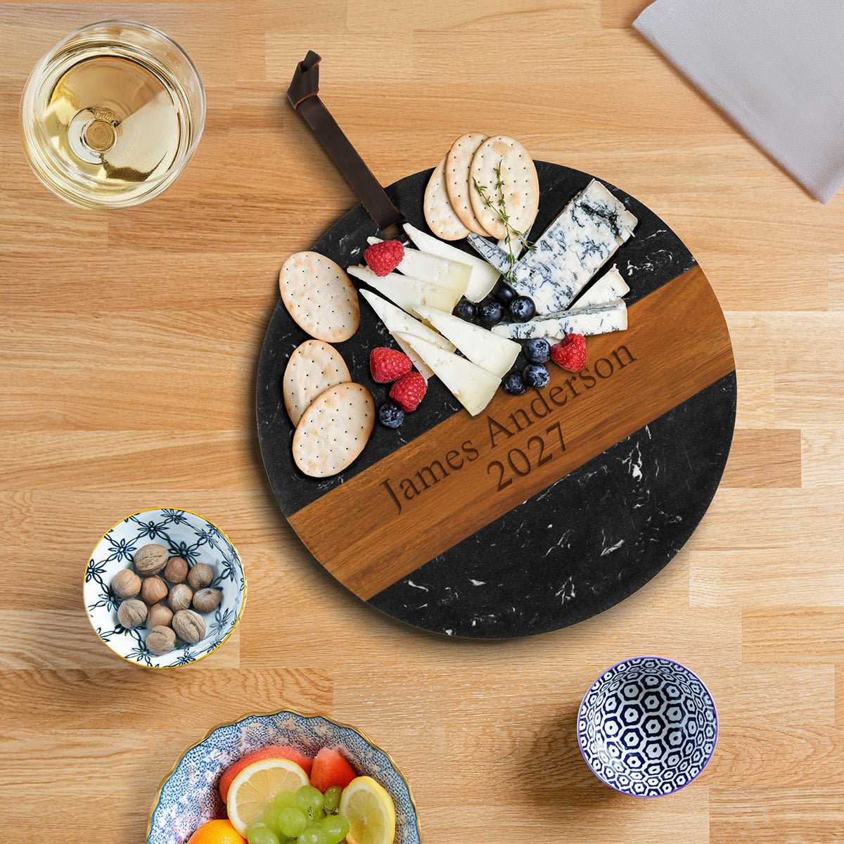 Winslow Wood and Marble Personalized Charcuterie Board, Black