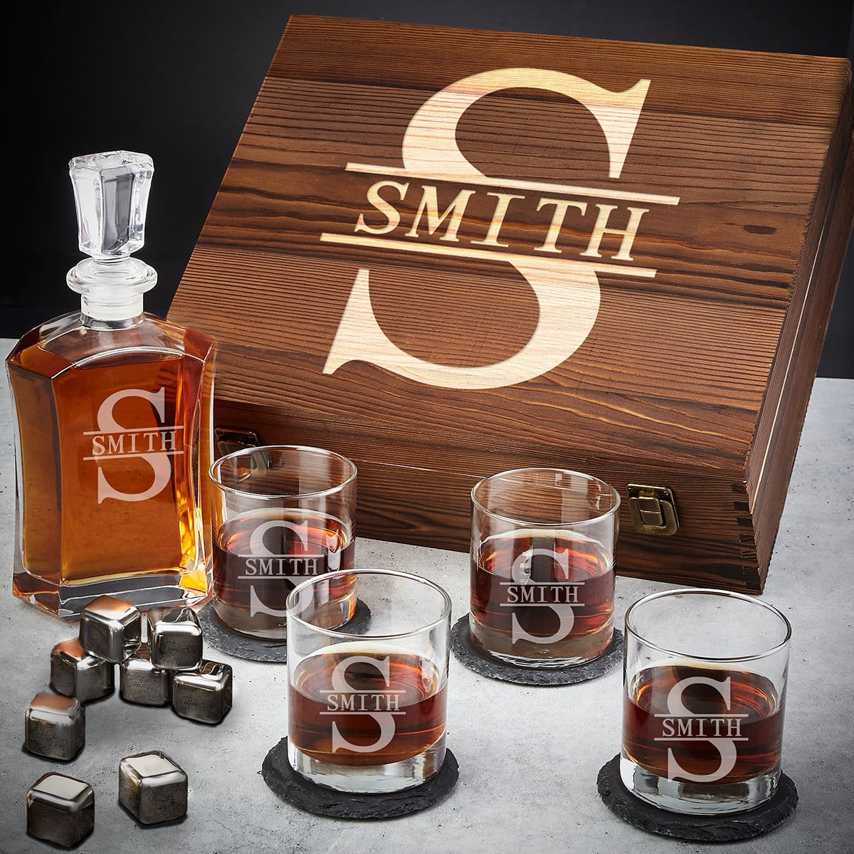 Ashcroft Personalized Whiskey Decanter Set 12pc with Whiskey Stones and Wood Box