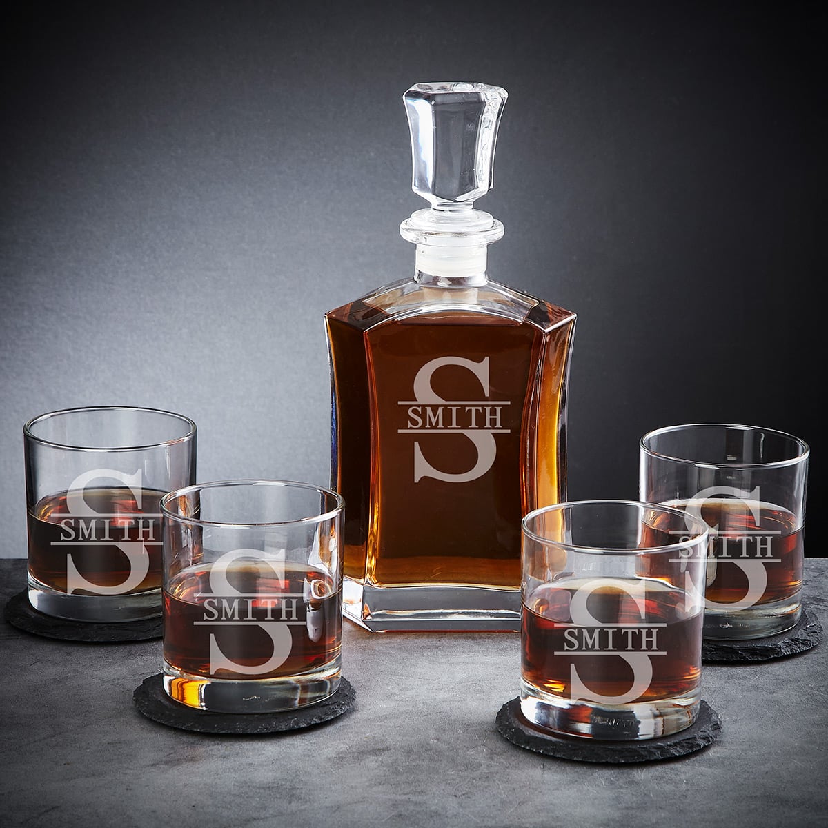 Ashcroft Personalized Whiskey Decanter Set 12pc with Whiskey Stones and Wood Box