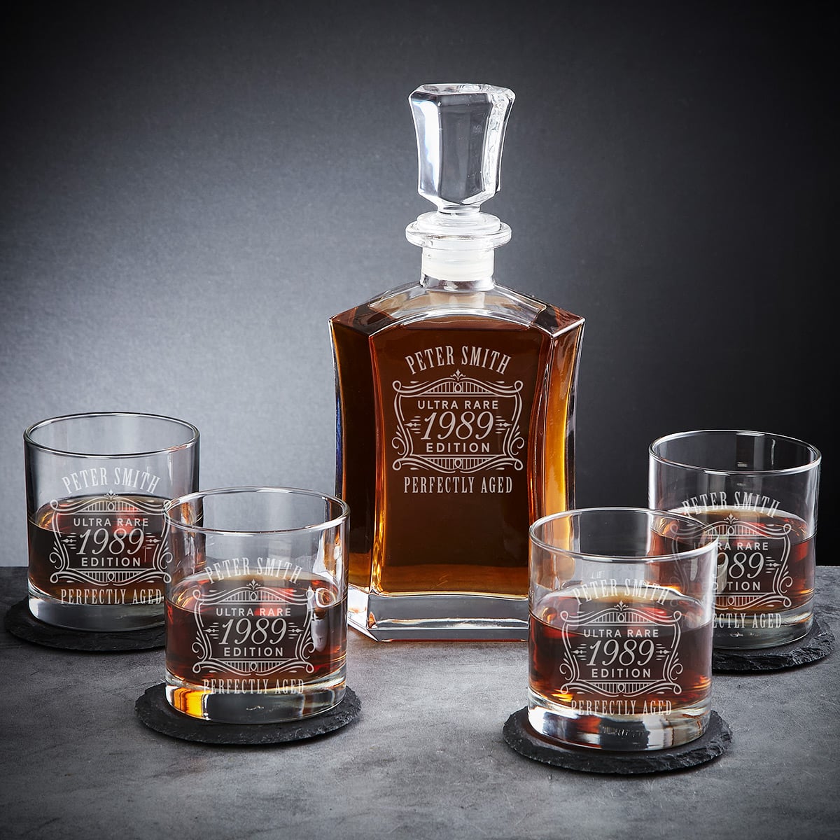 Ashcroft Custom Whiskey Gifts for Men 12pc with Personalized Decanter Set and Whiskey Stones